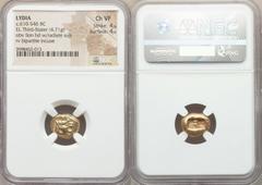 Ancients Greek LYDIAN KINGDOM. Alyattes or Walwet (ca. 610-561 BC). EL third stater or trite (4.71 gm). NGC Choice VF 4/5 - 4/5. Uninscribed issue, Lydo-Milesian standard. Sardes mint. Head of lion ri