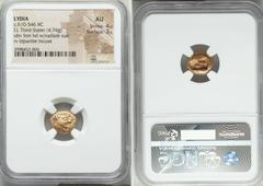 Ancients Greek LYDIAN KINGDOM. Alyattes or Walwet (ca. 610-561 BC). EL third stater or trite (4.74 gm). NGC AU 4/5 - 3/5. Uninscribed issue, Lydo-Milesian standard. Sardes mint. Head of lion right, mo