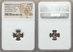 Ancients Greek MACEDONIAN KINGDOM. Archelaus (413-400/399 BC). AR triobol (?) (0.94 gm). NGC Choice XF 5/5 - 3/5, Fine Style Bearded head of Heracles right, wearing lion-skin headdress, paws tied befo
