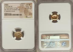 Ancients Greek LYDIAN KINGDOM. Alyattes or Walwet (ca. 610-561 BC). EL third stater or trite (4.74 gm). NGC Choice XF 4/5 - 4/5 Uninscribed issue, Lydo-Milesian standard. Sardes mint. Head of lion rig
