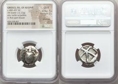 Ancients Greek SARONIC ISLANDS. Aegina. Ca. 480-457 BC. AR stater (12.22 gm). NGC Choice Fine 5/5 - 2/5, scratches. Sea turtle, viewed from above, head turned sideways, with trefoil collar and row of 