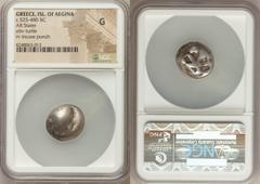 Ancients Greek SARONIC ISLANDS. Aegina. Ca. 525-480 BC. AR stater. NGC Good. Sea turtle, viewed from above, head turned sideways, with trefoil collar and row of five dots down center of shell / Large 
