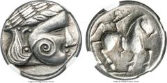 Ancients DANUBE REGION. Uncertain tribe. Ca. late 3rd century BC. AR tetradrachm (24mm, 13.02 gm, 8h). NGC XF 4/5 - 4/5. Dacian Plain region, "Wangenschnecke" type. Laureate male head right, spiral on
