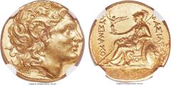 Ancients THRACIAN KINGDOM. Lysimachus (305-281 BC). AV stater (18mm, 8.57 gm, 12h). NGC MS★ 5/5 - 4/5, Fine Style. Lifetime issue of uncertain mint in Thrace or Macedon. Diademed head of the deified A