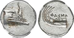 Ancients LYCIA. Phaselis. Ca. 4th century BC. AR stater (23mm, 10.39 gm, 6h). NGC MS 5/5 - 4/5. Prow of galley right with fighting platform embossed with dolphin leaping right, gunwale decorated with 