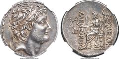 Ancients SELEUCID KINGDOM. Alexander II Zabinas (128-122 BC). AR tetradrachm (28mm, 16.75 gm, 12h). NGC AU★ 5/5 - 5/5. Antioch. Diademed head right / BAΣIΛEΩΣ AΛEΞANΔPOV , Zeus seated left, holding Ni