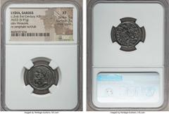 Ancients LYDIA. Sardes. Time of Antonines-Severans (ca. AD 138-211). AE 22mm (5.97 gm). NGC XF 5/5 - 3/5, Fine Style. Head of Heracles left / Omphale walking right, holding club. BMC Lydia 79. Satiny 