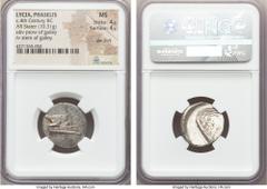 Ancients LYCIA. Phaselis. Ca. 4th century BC. AR stater (10.31 gm). NGC MS 4/5 - 4/5, die shift. Prow of galley right with fighting platform, gunwale decorated with eye / ΦAΣH above galley stern to le