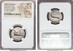 Ancients LYCIA. Phaselis. Ca. 4th century BC. AR stater (10.38 gm). NGC MS 4/5 - 4/5, die shift. Prow of galley right with fighting platform, gunwale decorated with eye / ΦAΣH above galley stern to le