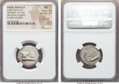 Ancients LYCIA. Phaselis. Ca. 4th century BC. AR stater (10.33 gm). NGC MS 4/5 - 4/5, die shift. Prow of galley right with fighting platform, gunwale decorated with eye / ΦAΣH above galley stern to le