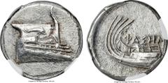 Ancients LYCIA. Phaselis. Ca. 4th century BC. AR stater (23mm, 10.50 gm, 3h). NGC Choice AU 5/5 - 4/5.  Prow of galley right with fighting platform embossed with dolphin leaping right, gunwale decorat
