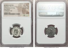 Ancients Macrinus (AD 217-218). AR denarius (3.37 gm). NGC Choice AU 4/5 - 4/5. Rome, AD 218. Laureate, draped and cuirassed bust of Macrinus right / Macrinus seated left on curule chair, holding glob