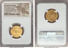 Ancients Maurice Tiberius (AD 582-602). AV lightweight solidus of 23 siliquae (4.25 gm). NGC AU 4/5 – 3/5, brushed. Constantinople, 4th officina, AD 584-602. Pearl-diademed, helmeted, draped, and cuir