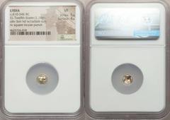 Ancients Greek LYDIAN KINGDOM. Alyattes or Croesus (ca. 610-546 BC). EL 1/12 stater or hemihecte (1.18 gm). NGC VF 5/5 - 4/5. Sardes mint. Head of roaring lion right, radiate nodule on forehead / Incu