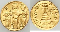 Ancients Byzantine Heraclius (AD 610-641), with Heraclius Constantine and Heraclonas as Caesar. AV solidus (4.47 gm). About XF, overstruck. Constantinople, 2nd officina, ca. AD 632-635. Heraclius, wea