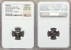 Ancients Greek PHOCIS. Federal Coinage. Ca. mid-4th century BC. AR hemidrachm (2.76 gm). NGC Choice VF 5/5 - 3/5. Struck under Phayllos, ca. 352-351 BC, Delphi. Head of bull facing / Φ-Ω, laureate hea