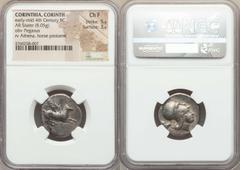 Ancients Greek CORINTHIA. Corinth. Ca. 400-375 BC. AR stater (8.05 gm). NGC Choice Fine 5/5 - 3/5. Pegasus flying right, Ϙ below / Helmeted head of Athena right; forepart of horse left behind. Ravel 4