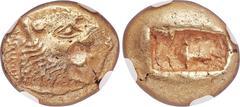 Ancients LYDIAN KINGDOM. Alyattes or Walwet (ca. 610-561 BC). EL third stater or trite (12mm, 4.74 gm). NGC AU 4/5 - 4/5.  Uninscribed issue, Lydo-Milesian standard. Sardes mint. Head of lion right, m