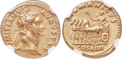 Ancients Domitian (AD 81-96). AV aureus (19mm, 7.05 gm, 6h). NGC XF★ 5/5 - 5/5. Rome, AD 88-89. DOMITIANVS-AVGVSTVS, laureate head of Domitian right / GERMANICVS above, Domitian standing left in cart 