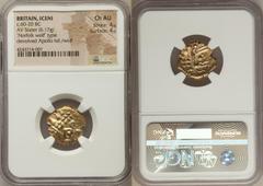 Ancients Celtic BRITAIN. East Anglia Region. Iceni. Ca. 60-54 BC. AV stater (6.17 gm). NGC Choice AU 4/5 - 4/5. Uninscribed coins, Norfolk Wolf type. Celticized head of Apollo right / Wolf standing ri