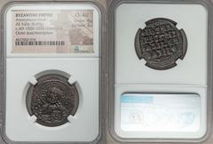 Ancients Byzantine Anonymous. Class A3 (ca. AD 1020-1028). AE follis (8.69 gm). NGC Choice AU 4/5 - 3/5.  +EMMA-NOVVHΛ, bust of Christ facing, wearing nimbus cruciger with two pellets in each limb and