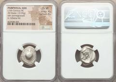 Ancients Greek PAMPHYLIA. Side. Ca. 490-400 BC. AR stater (20mm, 10.99 gm, 1h). NGC Choice VF 4/5 - 4/5. Pomegranate; beaded border / Head of Athena right ,wearing Corinthian helmet pushed back on hea