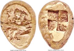 Ancients Ancients MYSIA. Cyzicus. Ca. 5th-4th centuries BC. EL stater (22mm, 15.94 gm). NGC Choice XF ★ 5/5 - 4/5, Fine Style. Apollo seated half-left, wearing laurel wreath and chiton draped from wai