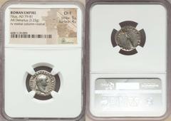 Ancients Roman Imperial Titus (AD 79-81). AR denarius (18mm, 3.25 gm, 5h). NGC Choice Fine 5/5 - 4/5. Rome, after 1 July AD 79. IMP TITVS CAES VESPASIAN AVG P M, laureate head of Titus right / TR P VI