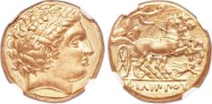 Ancients MACEDONIAN KINGDOM. Philip II (359-336 BC). AV stater (17mm, 8.57 gm, 11h). NGC Choice AU 5/5 - 4/5.  Pella, ca. 340/336-328 BC. Laureate head of Apollo right / ΦΙΛΙΠΠΟΥ, charioteer driving b