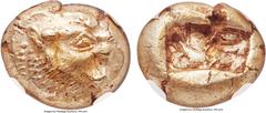 Ancients LYDIAN KINGDOM. Alyattes or Walwet (ca. 610-546 BC). EL third stater or trite (14mm, 4.73 gm). NGC Choice AU 5/5 - 3/5. Uninscribed, Lydo-Milesian standard. Sardes mint. Head of lion right, m