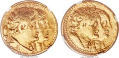 Ancients PTOLEMAIC EGYPT. Ptolemy II Philadelphus, with Arsinoe II, Ptolemy I, and Berenice I (285-246 BC). AV mnaieion or octodrachm (27mm, 27.36 gm, 12h). NGC Choice Fine 5/5 - 2/5, ex-jewelry. Alex