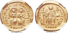 Ancients Justin I and Justinian I (April-August AD 527). AV solidus (20mm, 4.48 gm, 6h). NGC AU 5/5 - 3/5, scuff. Constantinople. D N IVSTIN ET IVSTINIAN P P AVG, Justin I and Justinian I, hands clasp