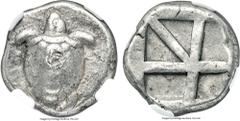 Ancients SARONIC ISLANDS. Aegina. Ca. 480-457 BC. AR stater (20mm, 12.39 gm). NGC Choice VF 5/5 - 4/5, countermarks. Sea turtle, viewed from above, head turned sideways, with trefoil collar and row of