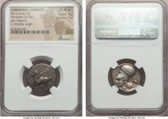 Ancients CORINTHIA. Corinth. Ca. 345-307 BC. AR stater (20mm, 8.59 gm, 12h). NGC Choice XF★ 5/5 - 5/5.  Pegasus with pointed wing flying left; Ϙ below / Head of Athena left, wearing laureate Corinthia