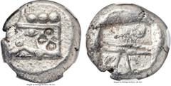 Ancients LYCIA. Phaselis. Ca. 530-500 BC. AR stater. (18mm, 10.90 gm, 2h) NGC AU 4/5 - 4/5, countermark .  Prow of galley left, in the form of a boar's head and foreleg, three pellets above. / Rough t