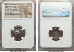 Ancients Marc Antony as Triumvir and Imperator (43-31 BC). AR denarius (18mm, 3.88 gm, 4h). NGC VF 4/5 - 4/5. Obverse die signed by 'P.' Athens, ca. 33/2 BC. M. Junius Silanus, quaestor proconsul. ANT