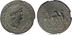 Ancients Nero (AD 54-68). AE sestertius (36mm, 27.95 gm, 6h). NGC XF 5/5 - 2/5. Lugdunum, ca. AD 65. NERO • CLAVD • CAESAR • AVG • GER • P • M • TR • P • IMP • P • P •, laureate head of Nero right, gl