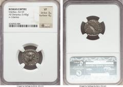 Ancients Vitellius (AD 69). AR denarius (17mm, 3.40 gm, 6h). NGC VF 3/5 - 4/5.  Rome, July-December AD 69. A VITELLIVS GERM IMP AVG TR P, Laureate head of Vitellius right /  LIBERTAS - RESTITVTA, Libe