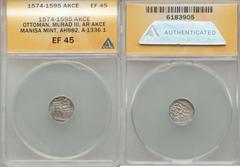 Islamic Dynasties Ottoman Empire. Murad III (AH 982-1003 / AD 1574-1595) silver Akce AH 982 (AD 1574) XF45 ANACS,  Manisa mint (in Turkey), 0.63g, 12mm, A-1336.1, ICV-3177, Pere-303. A seldom-seen min