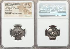 Ancients Greek CORINTHIA. Corinth. Ca. 345-307 BC. AR stater (21mm, 8.52 gm, 9h). NGC Choice XF 4/5 - 3/5, graffito. Pegasus with pointed wing flying left; Ϙ below / Head of Athena left, wearing laure