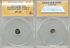 Islamic Dynasties Ottoman Empire. Murad III (AH 982-1003 / AD 1574-1595) Akce ND VF35 ANACS, Nahcivan mint (in Azerbaijan), 0.20gm, 9.0mm, A-1336.2 (for type), Pere-Unl. An extremely rare akce mint fo