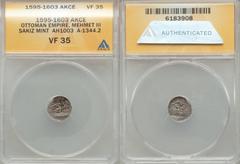 Islamic Dynasties Ottoman Empire. Mehmed III (AH 1003-1012 / AD 1595-1603) Akce AH (100)3 (AD 1595) VF35 ANACS, Sakiz mint (in Chios, Greece), 0.33gm, 11.5mm, A-1344.2, Pere-340. Struck from a clearly
