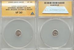 Islamic Dynasties Ottoman Empire. Mehmed III (AH 1003-1012 / AD 1595-1603) Akce AH 1003 (AD 1595) VF30 (Holed) ANACS,  Ohri mint (in Macedonia), 0.18gm, 10mm, A-1344.2, Pere-340. Struck on a somewhat 