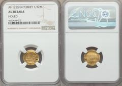 Islamic Dynasties Ottoman Empire. Abdul Mejid gold 1/2 Zeri Mahbub AH 1255 Year 4 (1842/3) AU Details (Holed) NGC, Constantinople mint (in Turkey), 0.69gm, 15mm, KM660, Pere-875. A typically prolific 