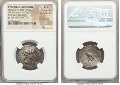 Ancients PTOLEMAIC EGYPT. Ptolemy VI Philomator (180-145 BC). AR didrachm (24mm, 6.62 gm, 12h). NGC AU 4/5 - 3/5, die shift. Cyprus mint or Pelusium?, dated Year 116 of uncertain era (147/6 BC?). Diad