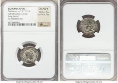 Ancients Roman Imperial Macrinus (AD 217-218). AR denarius (19mm, 3.45 gm, 5h). NGC Choice AU★ 5/5 - 5/5. Rome, Decemeber AD 217. IMP C M OPEL SEV-MACRINVS AVG, laureate, draped and cuirassed bust of 