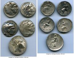 Ancients Ancient Lots ANCIENT LOTS. Greek. Macedonian and Seleucid Kingdoms. Ca. 336-187 BC. Lot of five (5) AR tetradrachms. VG-Fine, test cuts, bankers punches. Includes: (4) Macedonian Kingdom, Ale