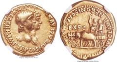 Ancients Nero (AD 54-68) with Agrippina Junior. AV aureus (19mm, 7.66 gm, 3h). NGC VF 4/5 - 4/5. Rome, AD 55. NERO CLAVD DIVI F CAES AVG GERM IMP TR P COS, conjoined bust of Nero, bare-headed, and Agr