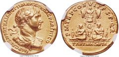 Ancients Trajan (AD 98-117). AV aureus (19mm, 7.24 gm, 7h). NGC Choice XF 5/5 - 4/5, Fine Style, edge marks. Rome, AD 116. IMP CAES NER TRAIAN OPTIM AVG GER DAC PARTHICO, laureate, draped and cuirasse