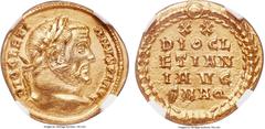 Ancients Diocletian (AD 284-305). AV aureus (19mm, 5.36 gm, 6h). NGC Choice AU 5/5 - 2/5, marks. Aquileia, AD 304. DIOCLETI-ANVS P F AVG, laureate head of Diocletian right / XX / DIOCL/ETIAN/I AVG / S